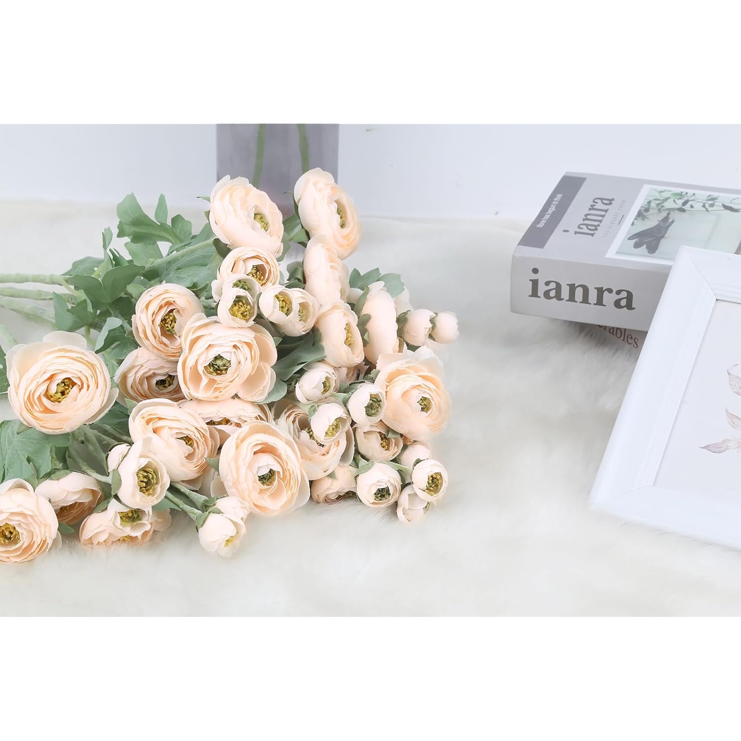 Ipopu 5Pcs Fake Peonies Artificial Ranunculus Flowers 60Heads Champagne Silk Flowers 21.65" Artificial Flowers Bulk For Wedding Floral Arrangements Home Table Centerpieces Decor (Champagne)