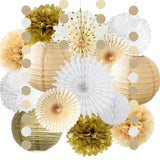 White Gold Party Decorations Tissue Pom Poms Paper Lanterns Hanging Paper Fan Honeycomb Christmas Wedding Engagement Bachelorette Neutral Birthday Baby Bridal Shower Decoration