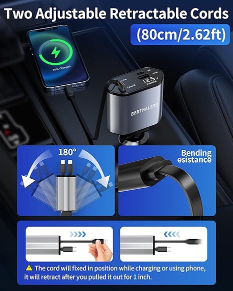4 in 1 Retractable Car Charger USB C USB A Fast Charging Adapter for iPhone Galaxy Pixel