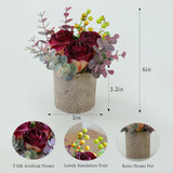 Artificial Flowers Kit With Pot, Combination Of Fake Silk Burnt Burgundy Roses And Greenery,Small Plant Potted Decor For Offices,Bookshelf,Bedroom, Living Room,Party,Wedding Decorations