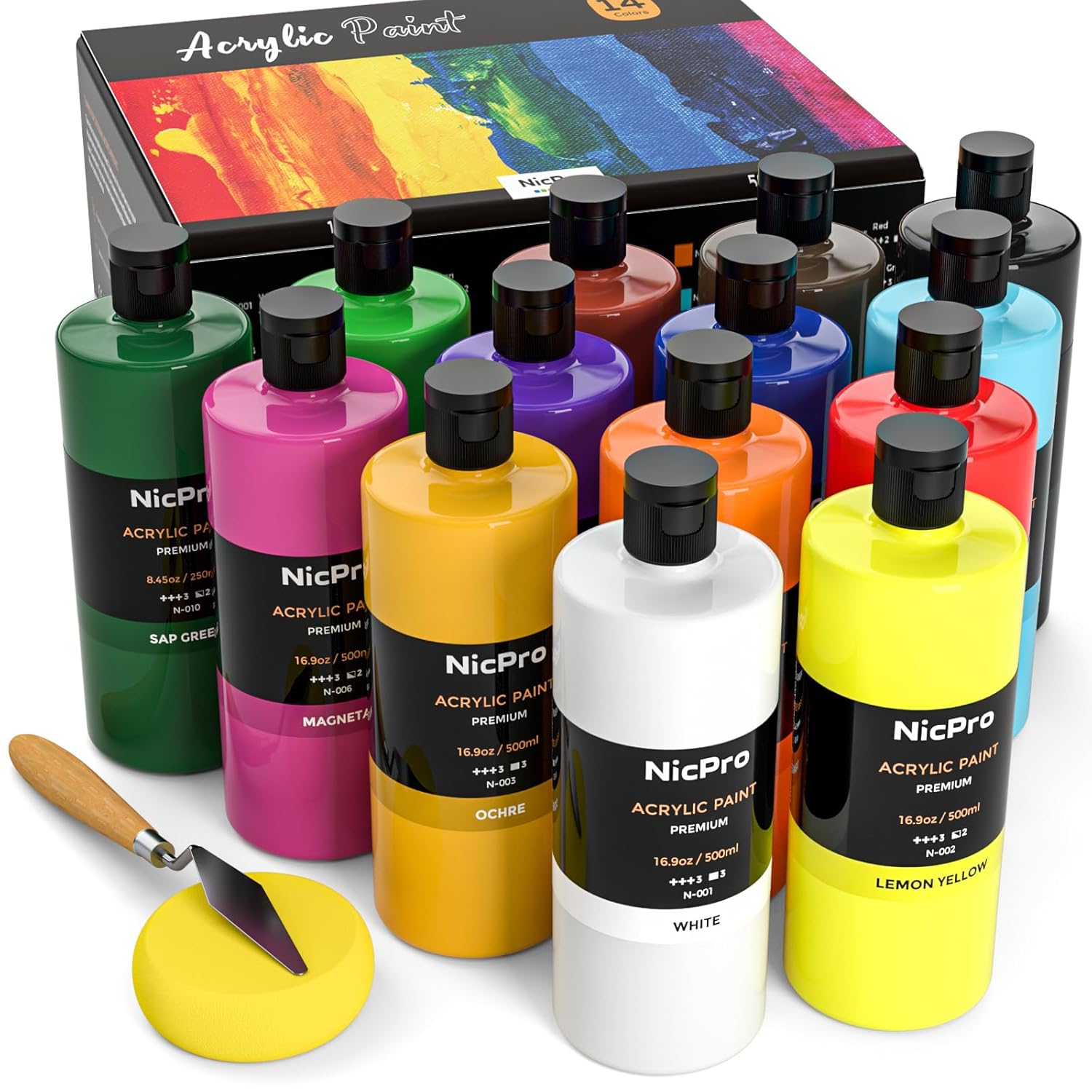 14 Colors Large Bulk Acrylic Paint Set (16.9 Oz,500 Ml) Rich Art Painting Supplies, Non Toxic For Multi Surface Rock Canvas Wood Ceramic Leather Fabric Craft, For Adult With Color Wheel