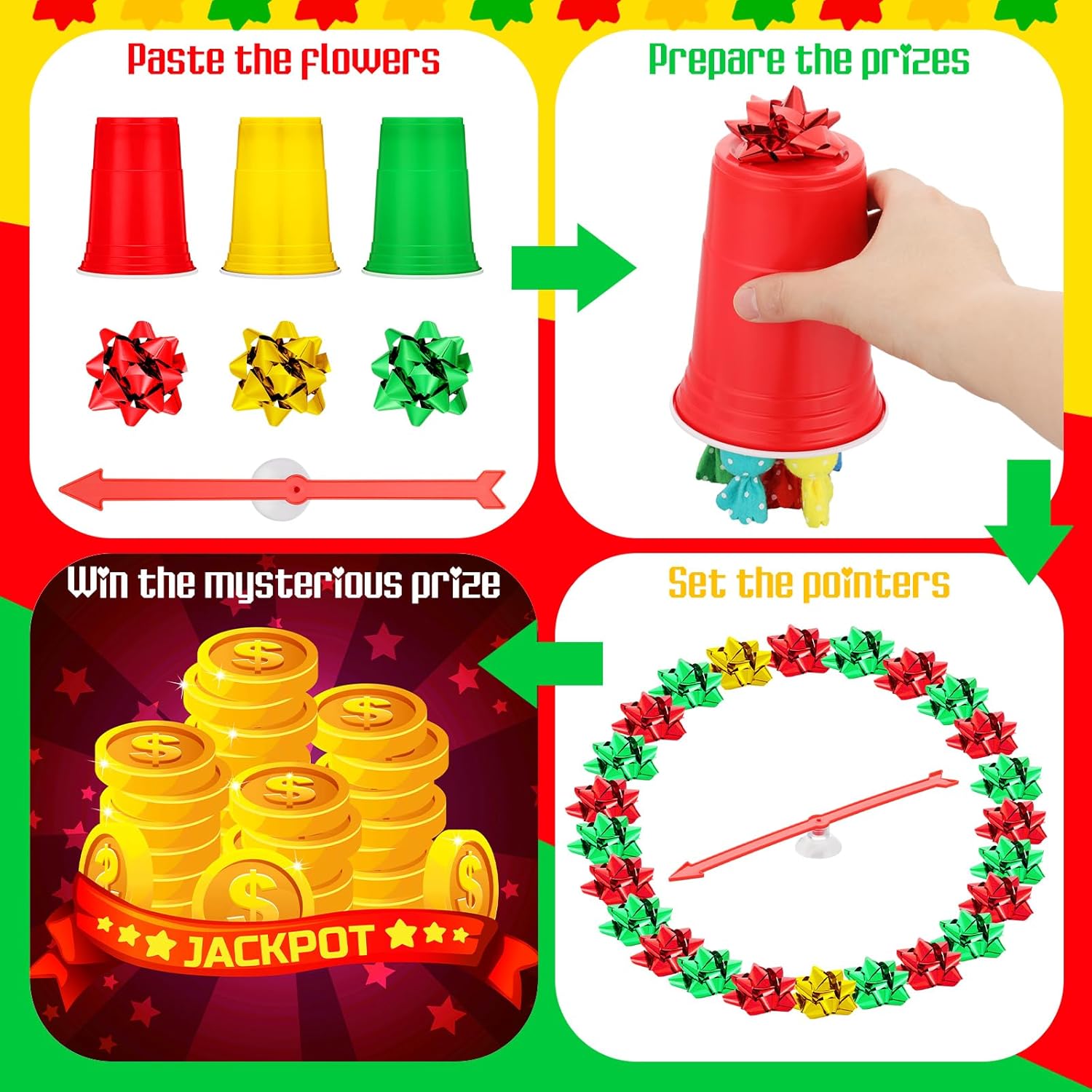 Christmas Party Games Spinner Wheel Christmas Roulette Raffle Game Set Include 38 Plastic Star Flower 20 Disposable Cups And 1 Pointer Spinner Wheel For Prizes Party Supplies
