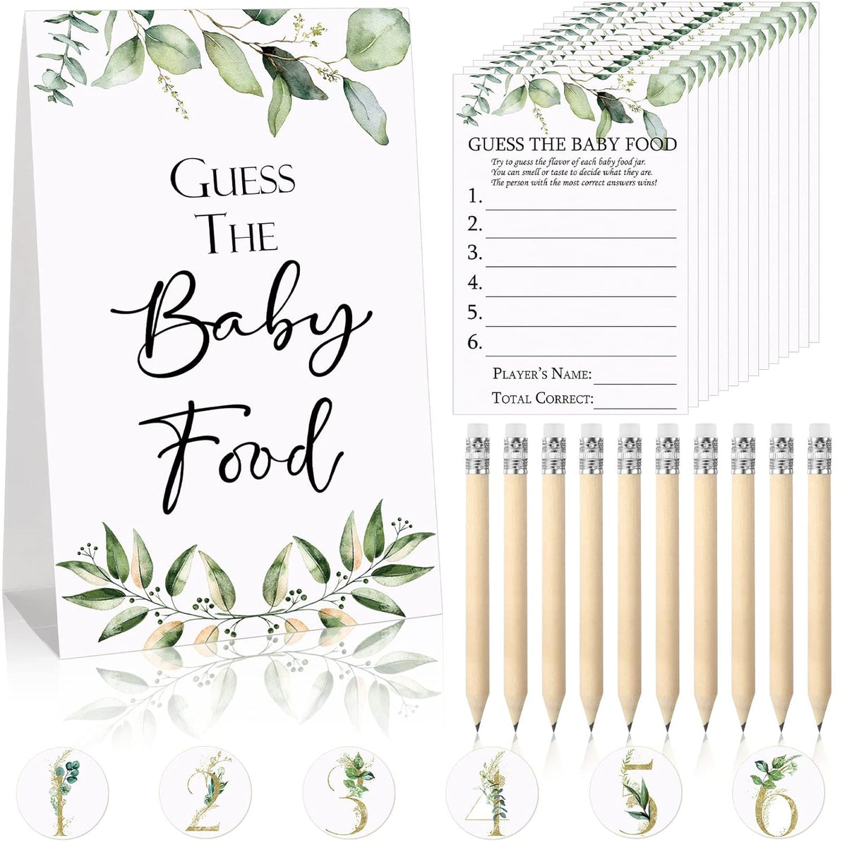 67 Pcs Guess The Baby Food Game Greenery Baby Shower Games Set 1 Standing Sign 50 Answer Cards 10 Pencils 6 Number Stickers For Gender Reveal Party Decoration Supplies