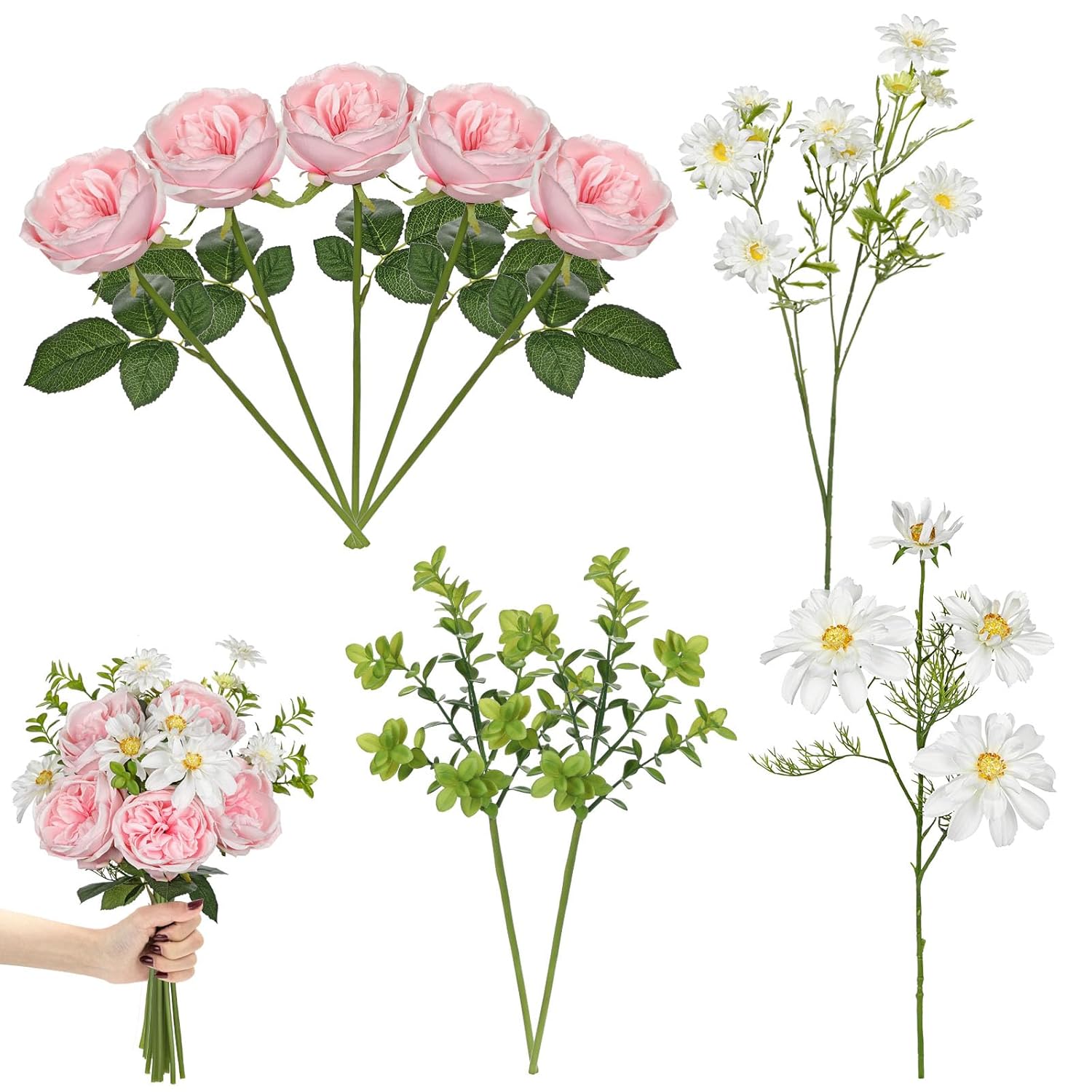 Peonies Artificial Flowers, 9Pcs Mixed Pink Faux Flowers With Peonies & Daisies, Up To 18.5 Inch Long Silk Fake Flowers For Vase Diy Wedding Bouquet Party Centerpieces Arrangement Home Decor