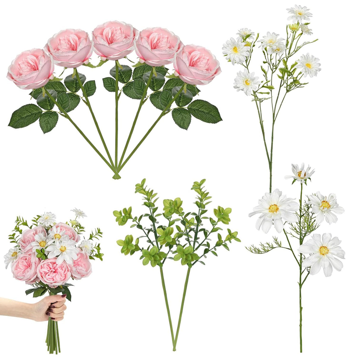 Peonies Artificial Flowers, 9Pcs Mixed Pink Faux Flowers With Peonies & Daisies, Up To 18.5 Inch Long Silk Fake Flowers For Vase Diy Wedding Bouquet Party Centerpieces Arrangement Home Decor