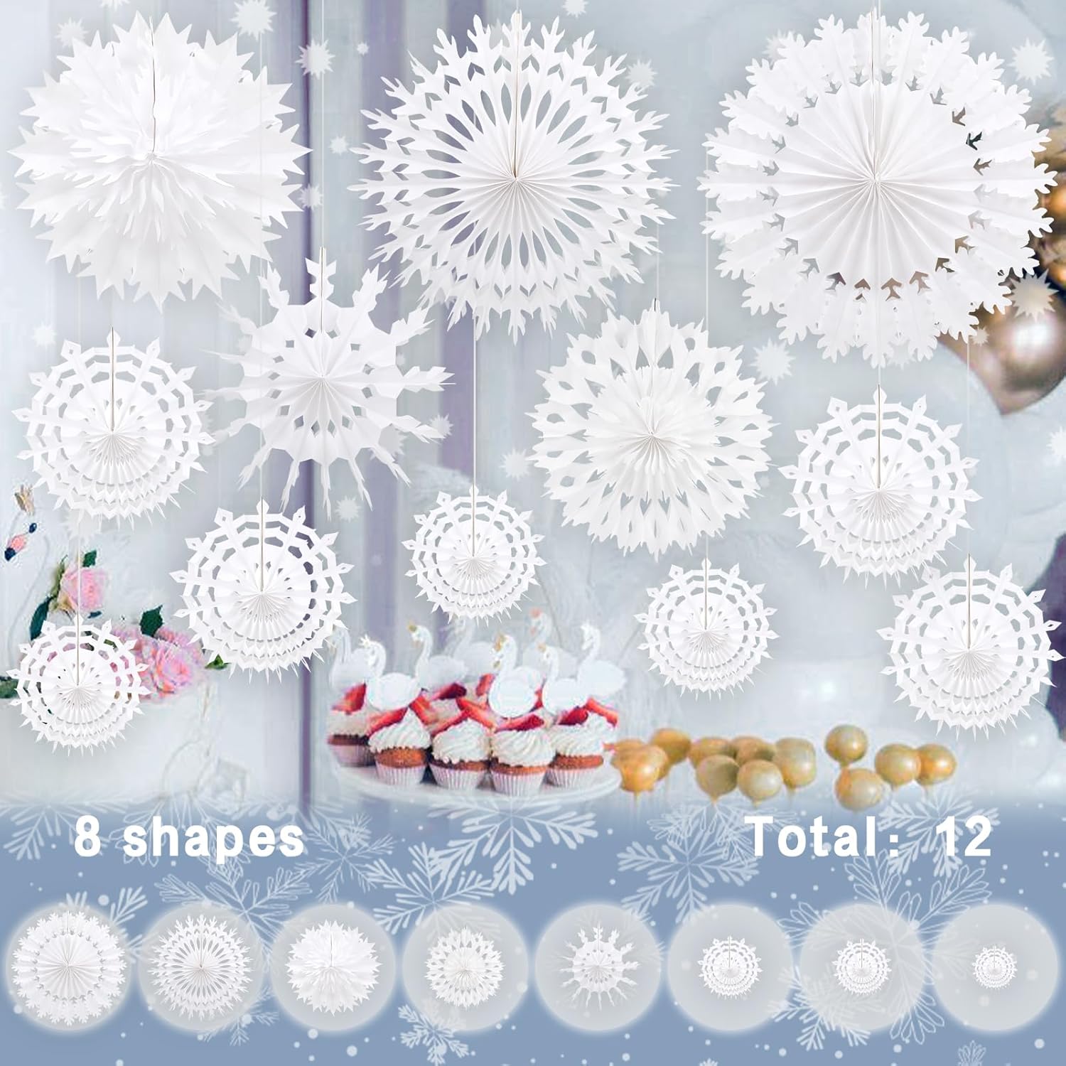 12 Pcs White Paper Snowflake Decorations Frozen Birthday Party Supplies Winter Wonderland Party Decorations Christmas Large Snowflake Decorations Hanging Snowflake Decorations