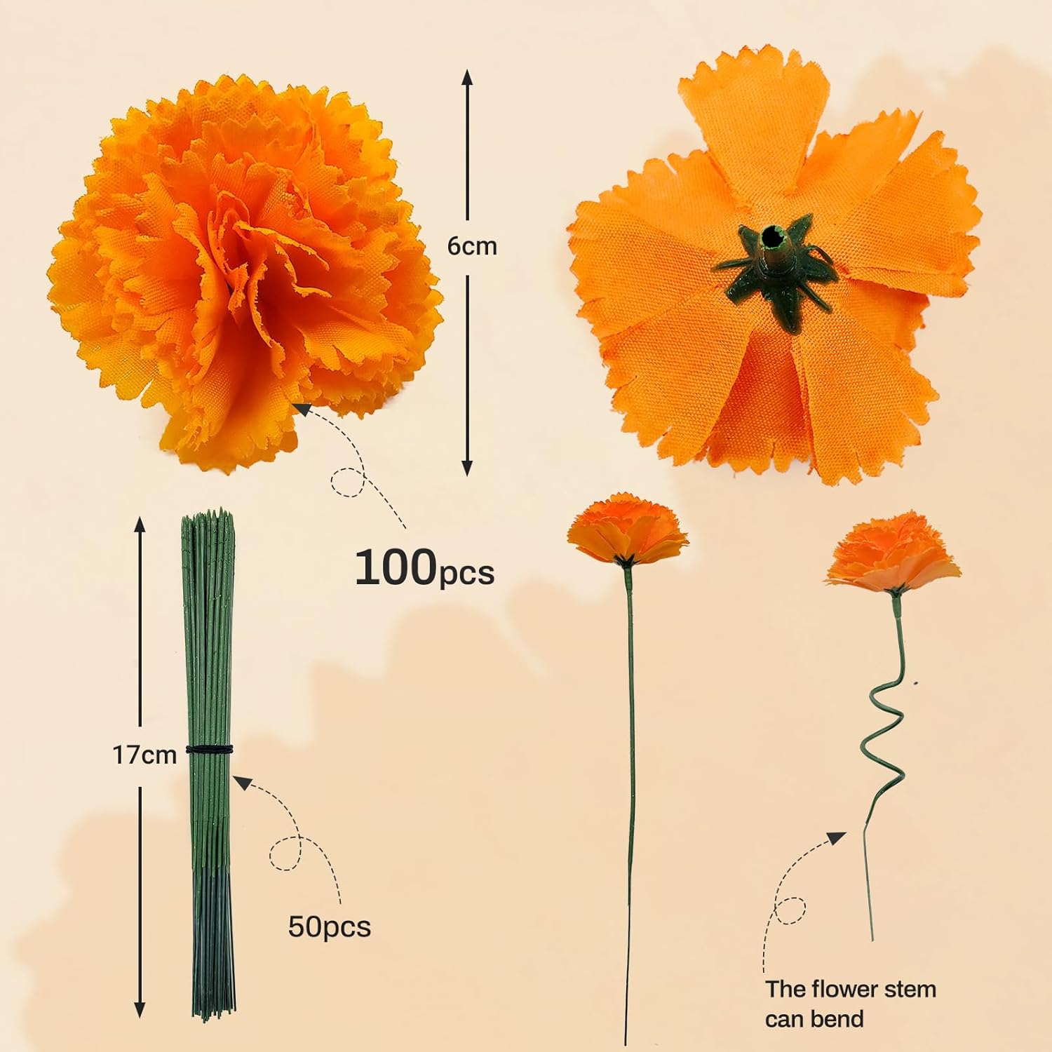 100 Pcs Marigold Flowers Heads With Floral Stems, Silk Orange Artificial Flowers For Diwali Day Of The Dead Diy Marigold Garland Wreath Decor (100)