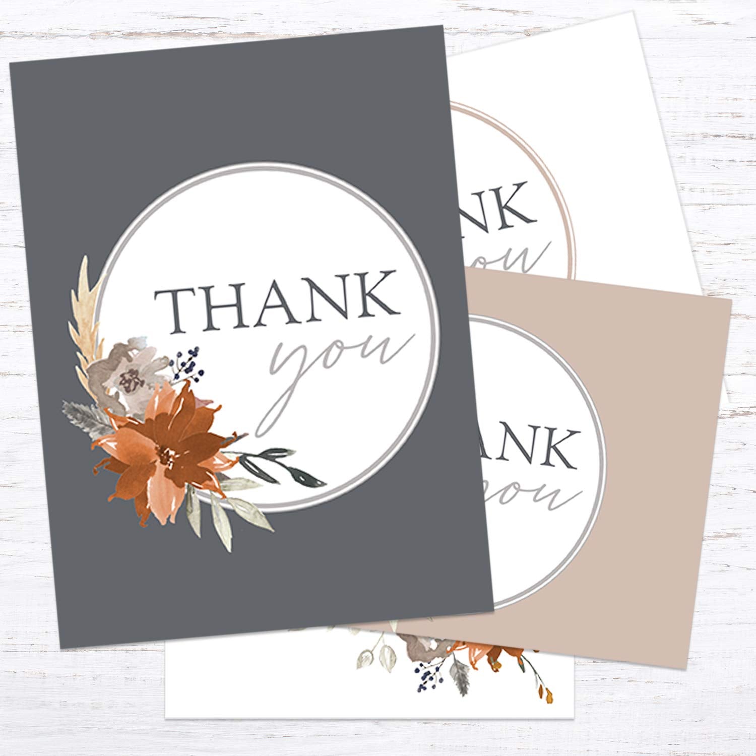 Indie Autumn Floral Thank You Cards / 24 Gratitude Cards With White Envelopes / 6 Boho Feather And Leave Appreciation Designs / 3 1/2" X 4 7/8" Orange Grey Bridal Shower Thanks Note Cards
