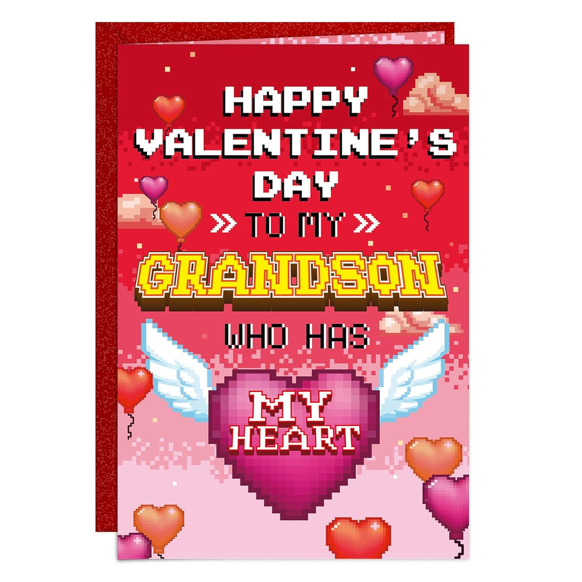 Pixel Valentine Card For Grandson - Retro Gamer Style Happy Valentine'S Day Card For Grandson From Grandparents (5.5”X8”, With Envelope)