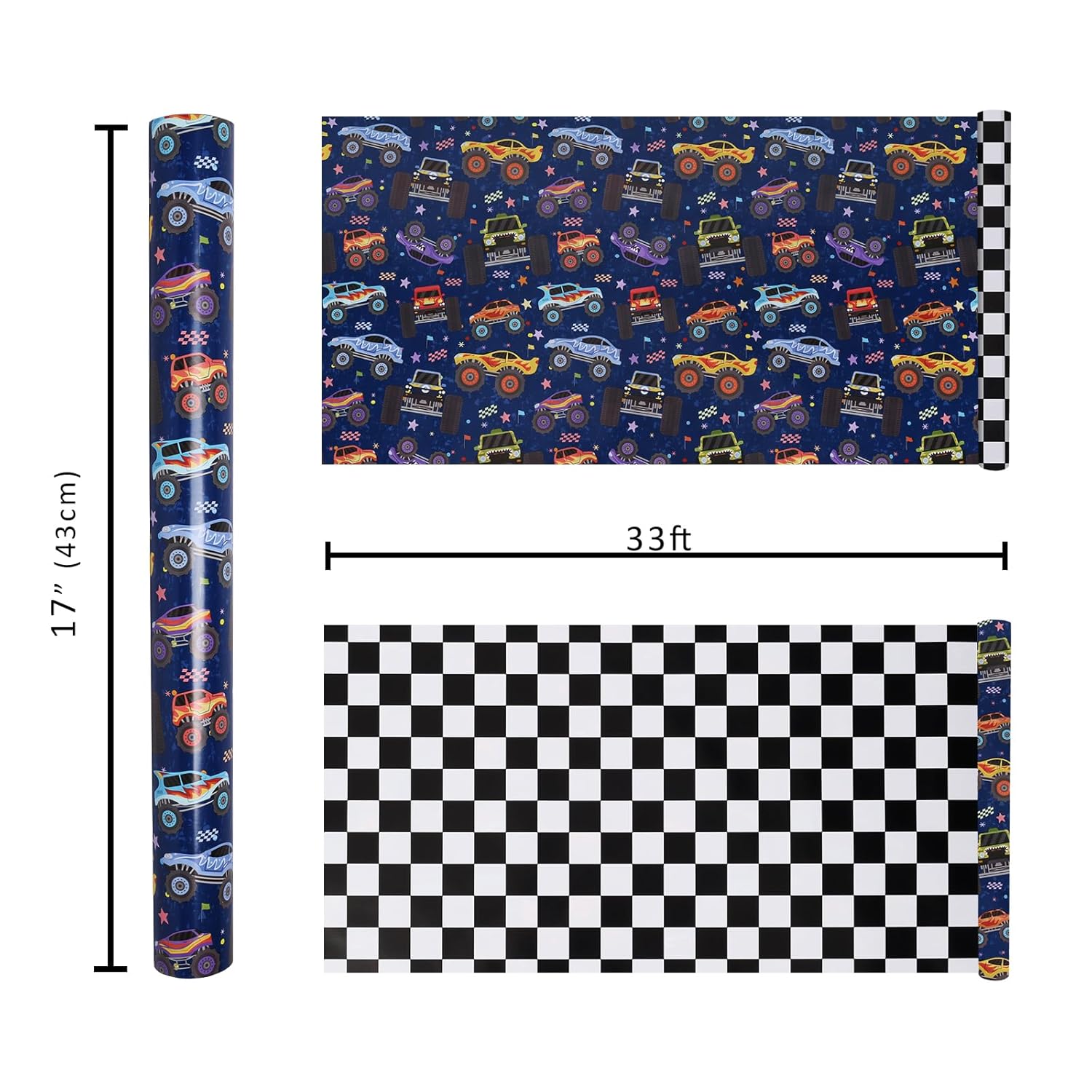 Monster Truck Reversible Wrapping Paper Mini Roll, Checkered Flag Design, Perfect For Kids And Boys Birthdays, 17" X 33'(46.7 Sq. Ft)