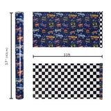Monster Truck Reversible Wrapping Paper Mini Roll, Checkered Flag Design, Perfect For Kids And Boys Birthdays, 17" X 33'(46.7 Sq. Ft)