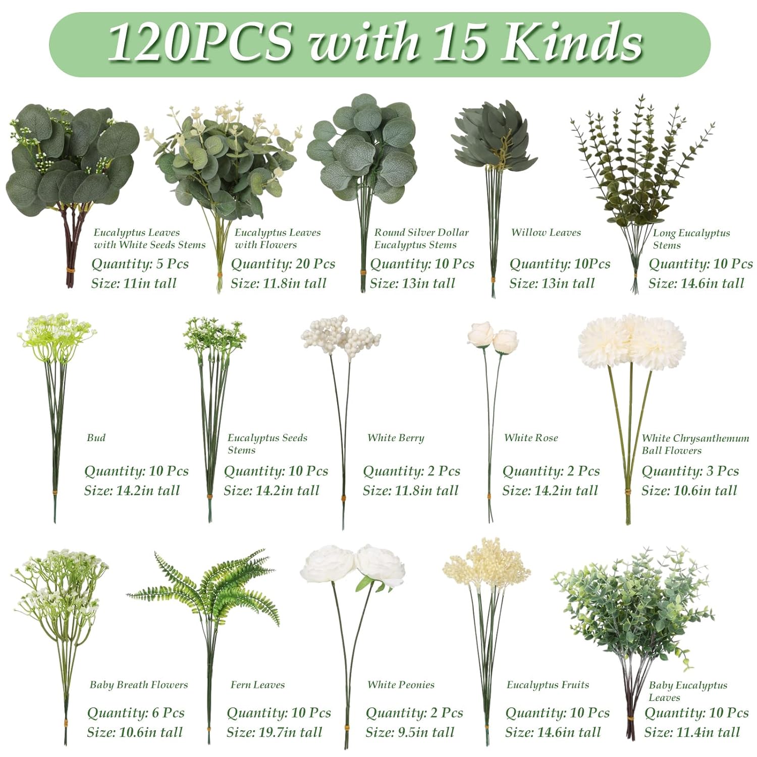 120Pcs 15 Kinds Artificial Eucalyptus Stems Mixed Faux Eucalyptus Stems Leaves And Flowers Bulk Silver Dollar Eucalyptus Stems For Floral Arrangements Wedding Home Vase Bouquet Greenery Decoration