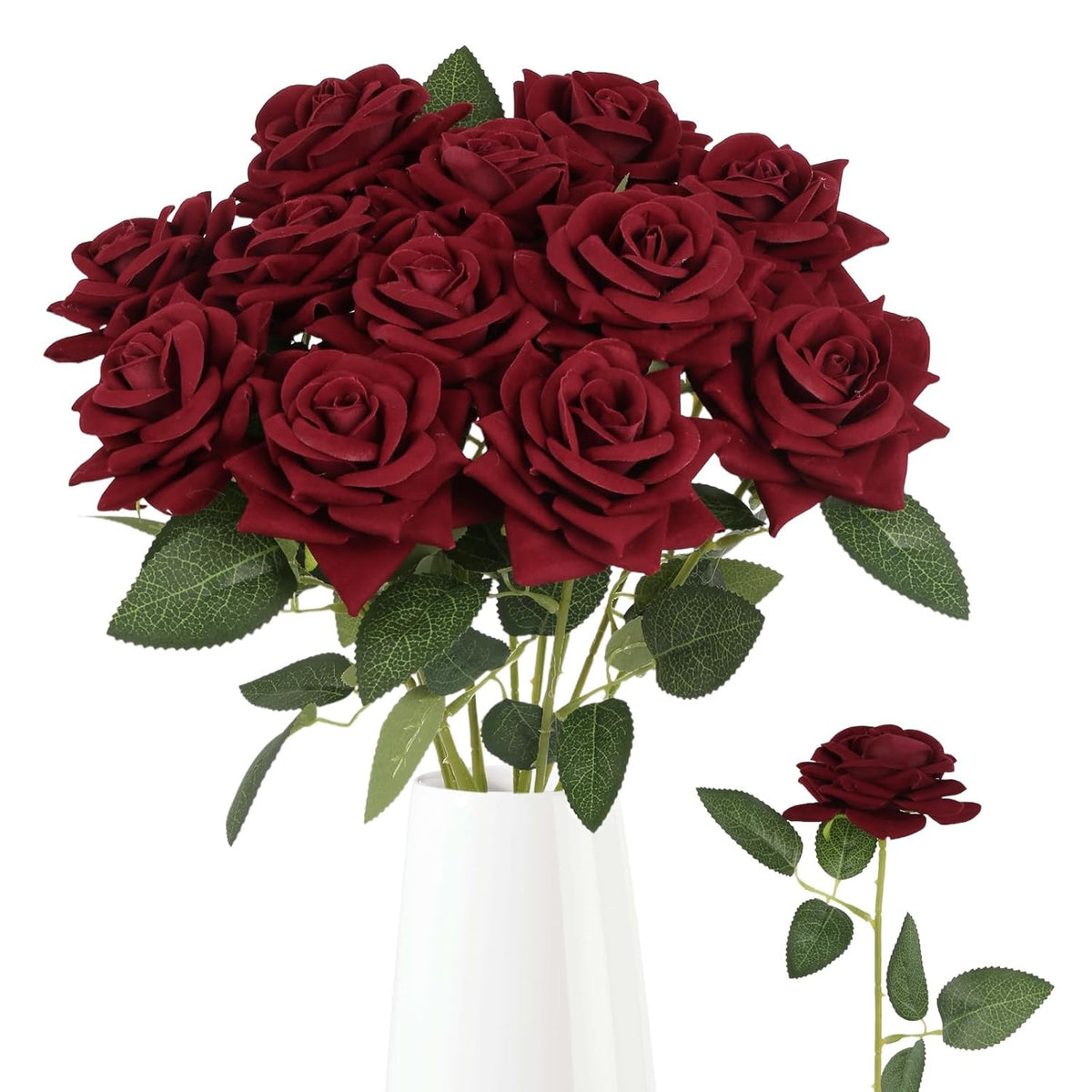 12Pcs Burgundy Roses Artificial Flowers Velvet Flowers With Long Stem Silk Fake Roses For Valentine'S Day Wedding Bridal Bouquets Floral Arrangement Table Centerpieces Home Decoration(Burgundy)