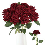 12Pcs Burgundy Roses Artificial Flowers Velvet Flowers With Long Stem Silk Fake Roses For Valentine'S Day Wedding Bridal Bouquets Floral Arrangement Table Centerpieces Home Decoration(Burgundy)