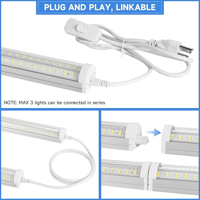 6 Pack 8FT U Shape LED Ceiling Lights 125W 20000LM 6500K Linkable Plug and Play Garage Lights