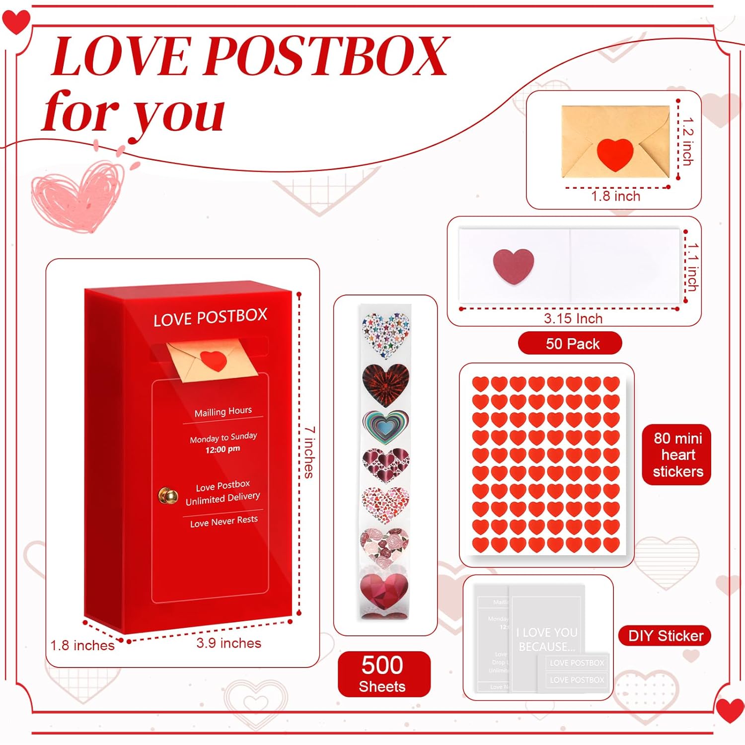 Romantic Love Postbox Acrylic Diy Red Love Notes Box With 50 Blank Love Notes With Envelopes & Cute Glitter Heart Stickers Roll I Love You Gift For Her Long Distance Couple Valentine'S Day Anniversary