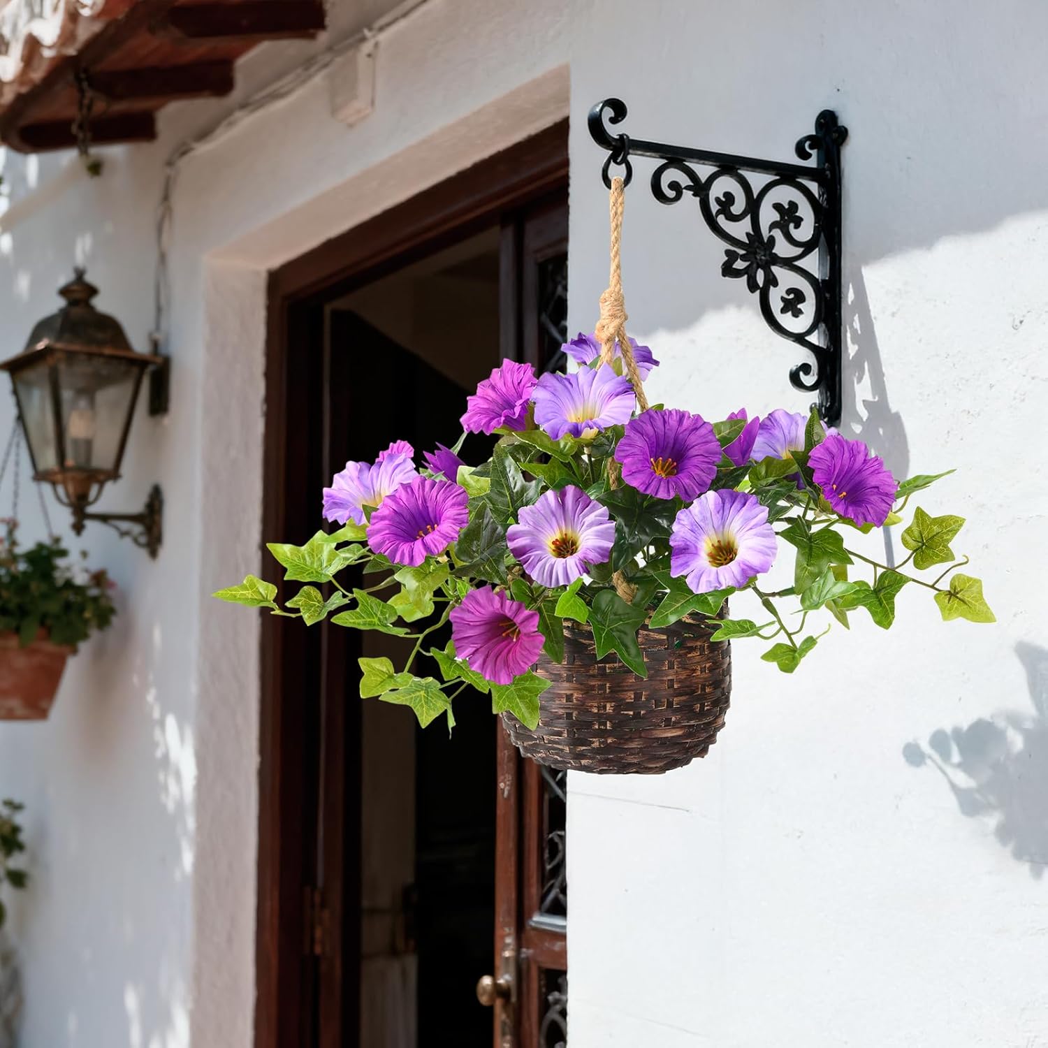2 Set Artificial Outdoor Flowers With Hanging Basket, 2 Hanging Planters Faux Silk Morning Glory Flowers For Spring Summer Front Porch Garden Patio Home Decor(Light Purple Red)