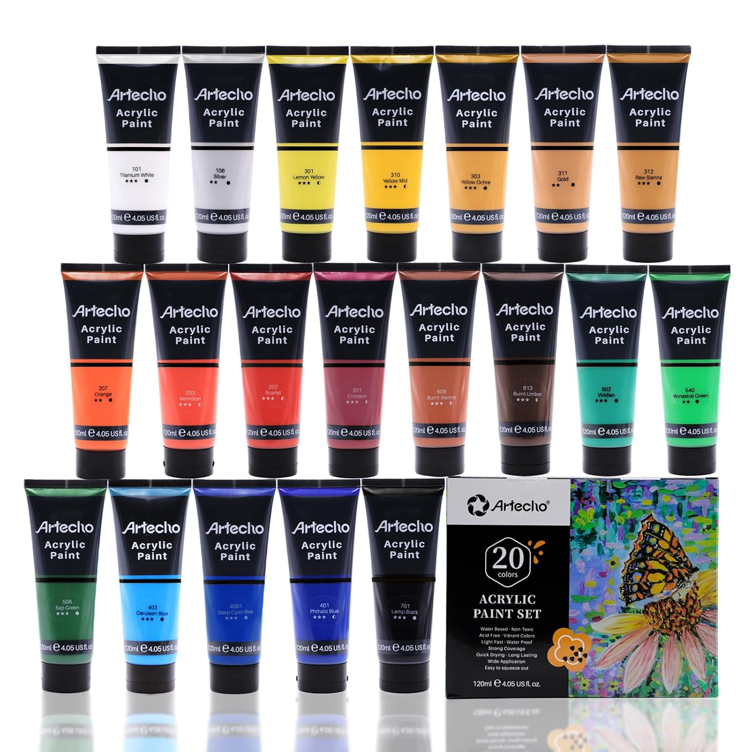 Professional Acrylic Paint Set, 20 Primary Colors (120Ml / 4.05Oz) Tubes, Art Craft Paints For Canvas, Rock, Stone, Wood, Fabric, Art Supplies
