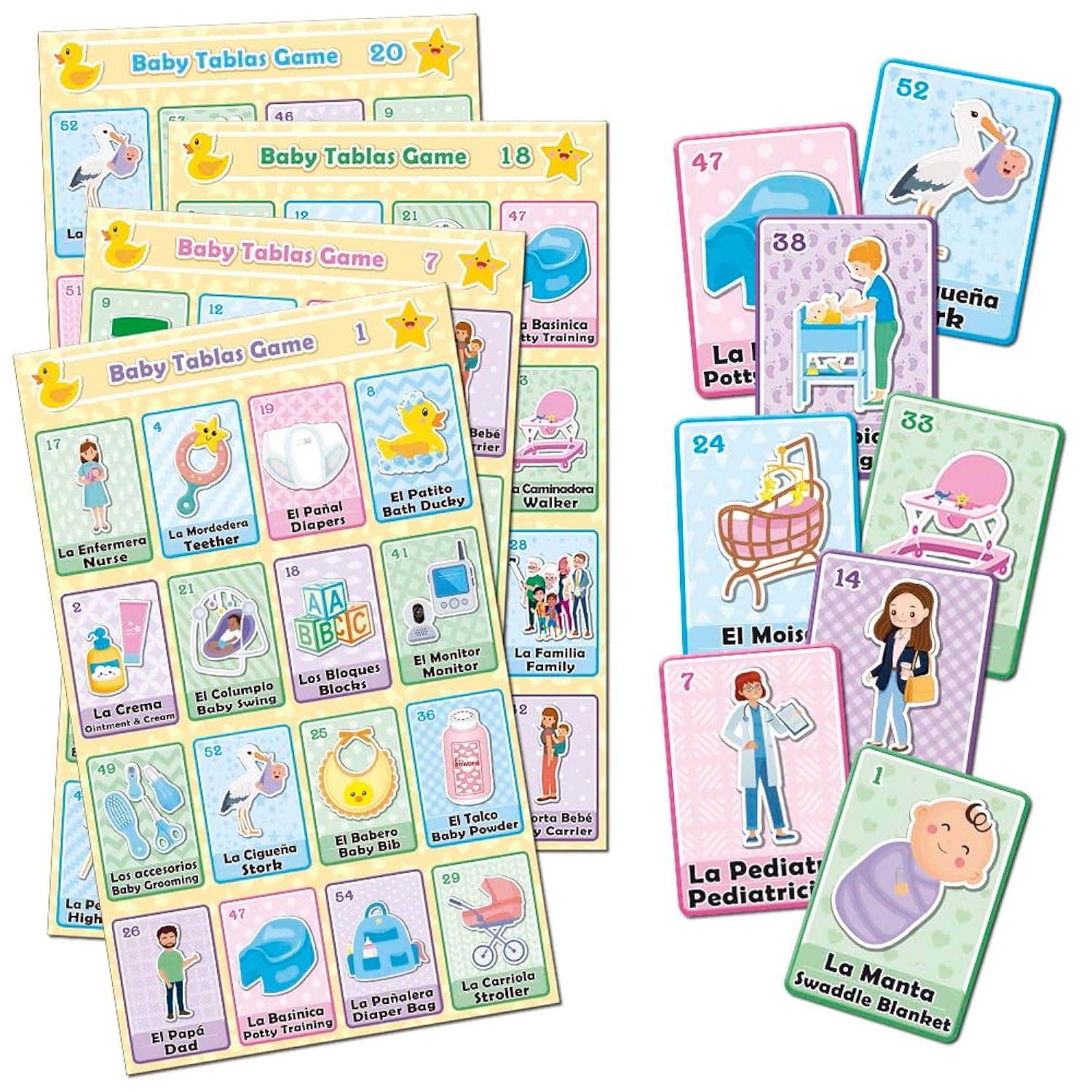 Baby Shower Loteria Fiesta Bilingual Game - Mexican Bingo In English And Spanish, For Up To 20 Players