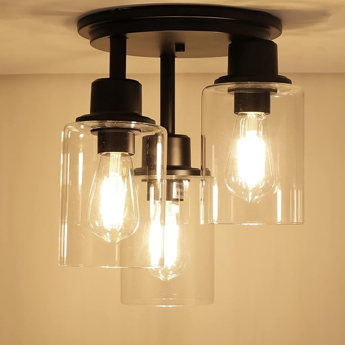3 Light Black Semi Flush Mount Ceiling Light with Clear Glass Shades Modern Fixture