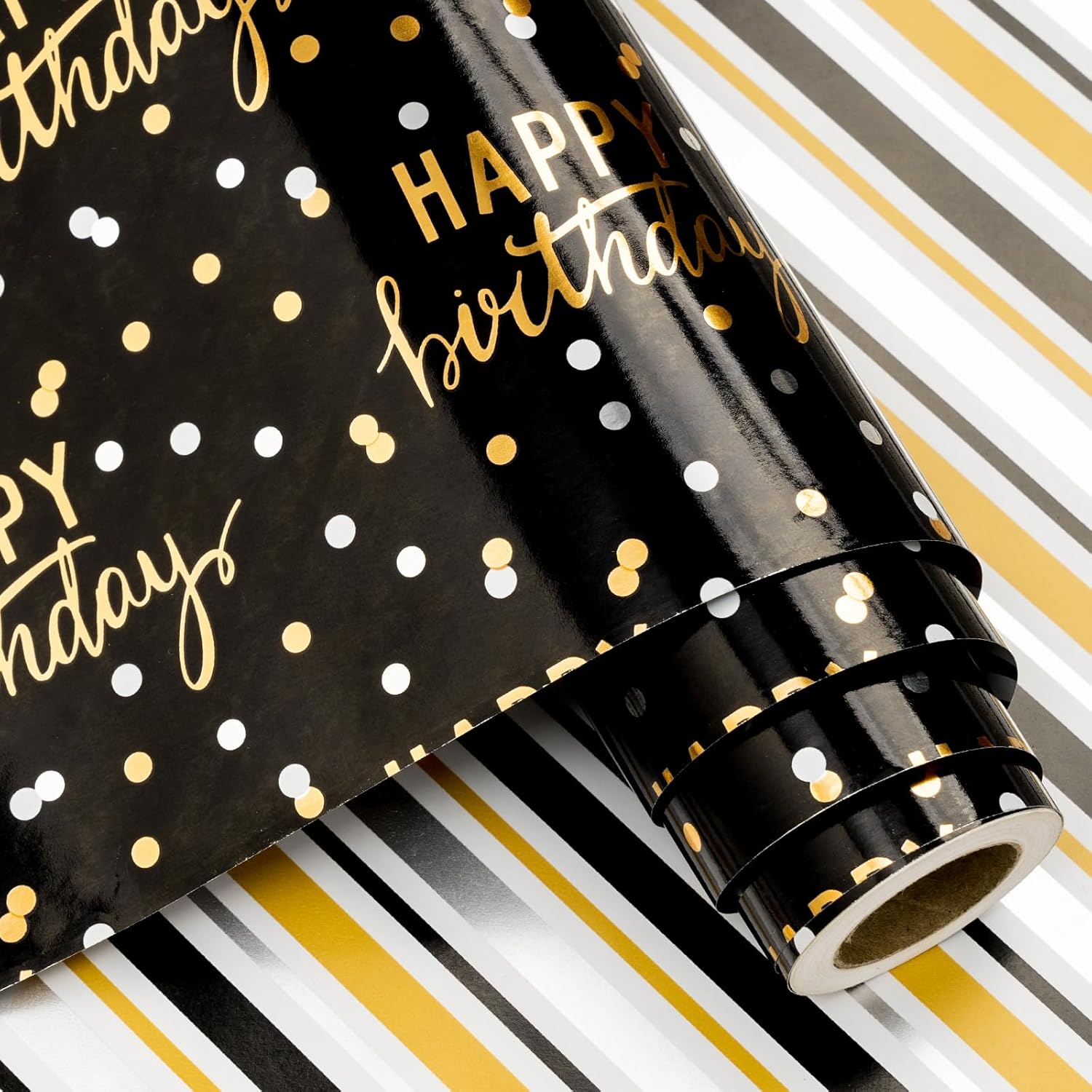 Reversible Black Birthday Wrapping Paper Roll For Boys Men, Happy Birthday Lettering & Stripe Pattern With Metallic Gold Foil In Black, Mini Roll, 17 Inches X 32.8 Feet (46.45 Sq.Ft.)