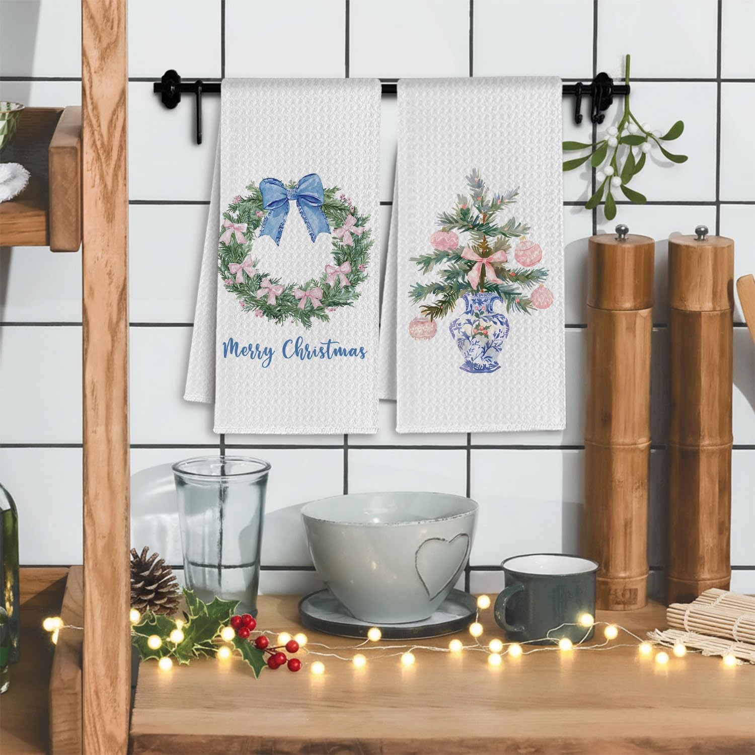 Coquette Bow Chinoiserie Christmas Tree Kitchen Towels, Grandmillennial Xmas Wreath Dish Tea Towels For Kitchen, Blue And Pink Xmas Decorative Hand Towel For Bathroom, 16X24 Inch Set Of 2