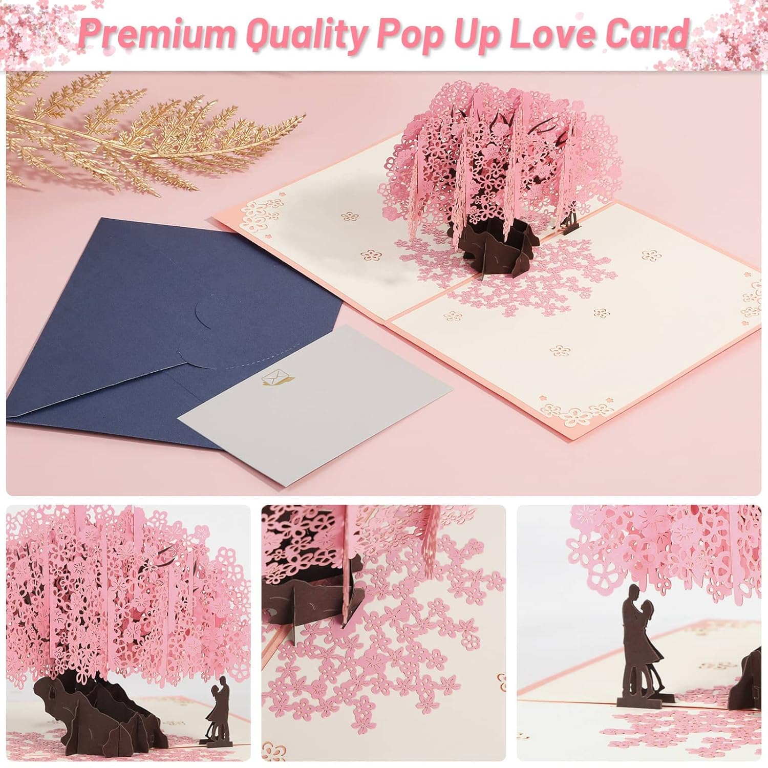 Cherry Blossom Pop Up Wedding Anniversary Card, 3D Love Card, Valentines Gift For Her, With Envelope And Blank Note