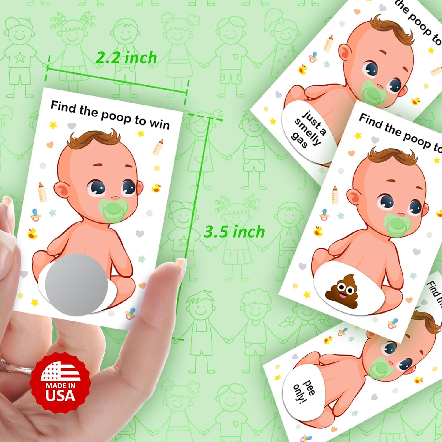 Baby Shower Gender Neutral Scratch Off Poop Game, Easy To Play Silly Games, Funny Idea, Ice Breaker Activity. Raffle Cards, Green Pacifier, Set Of 40 Cards Made In Usa