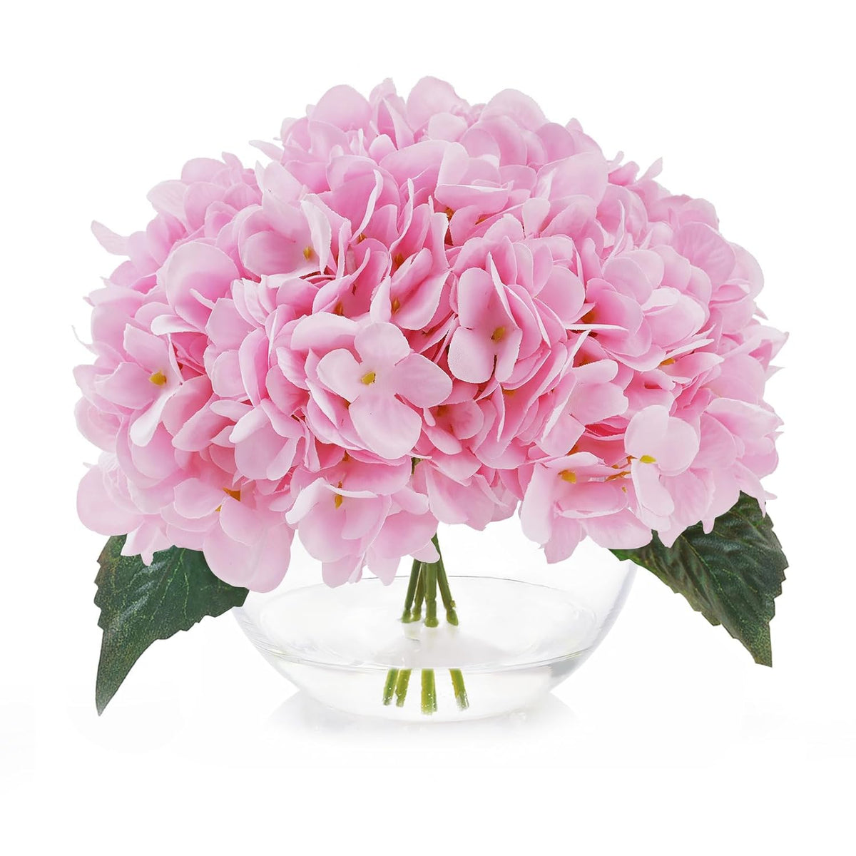 Hydrangea Artificial Flowers With Vase Blue Silk Fake Flowers Arrangements In Glass Vase With Faux Water For Home Decor Indoor (Pink)
