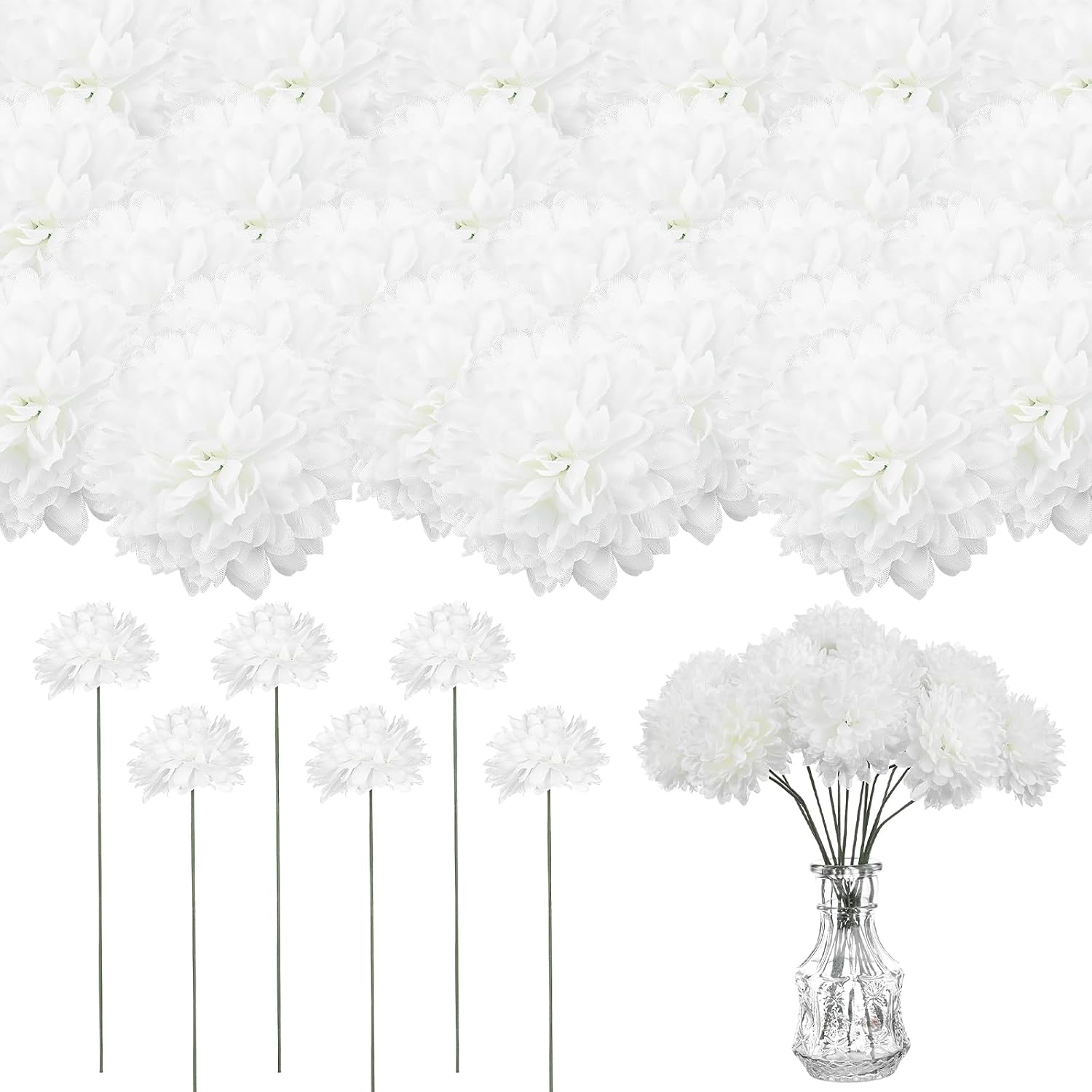 50Pcs Artificial Chrysanthemums Heads Ball Flowers Homecoming Mum Flower Bulk 2.9'' Silk Mum Supplies Artificial Homecoming Mum Supplies White Tissue Hanging Paper Pom-Poms For Party Wedding Home (50)