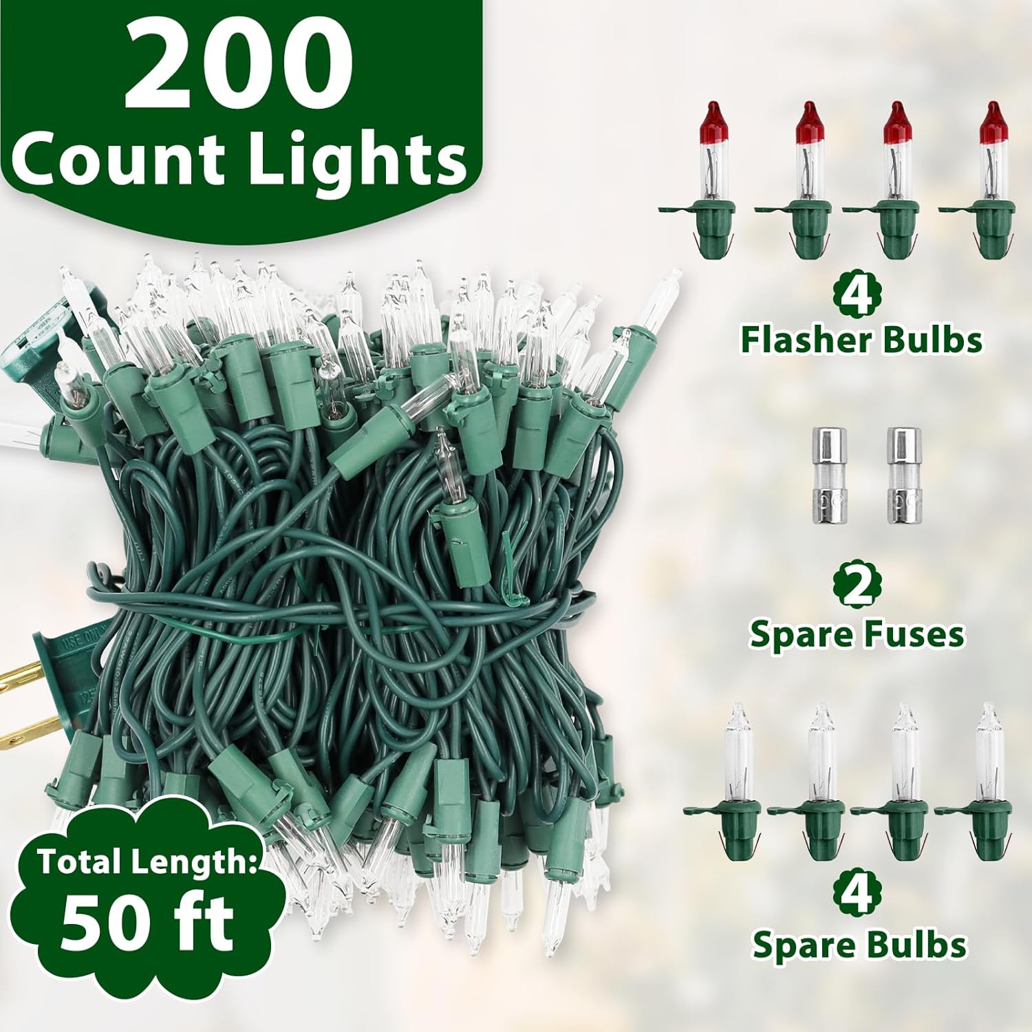 Clear Christmas Lights 50Ft 200 Incandescent Bulbs Warm White Mini Lights With Green Wire For Christmas Tree, Garland, Thanksgiving, Wedding, Party, Home, Indoor & Outdoor Festival Decoration