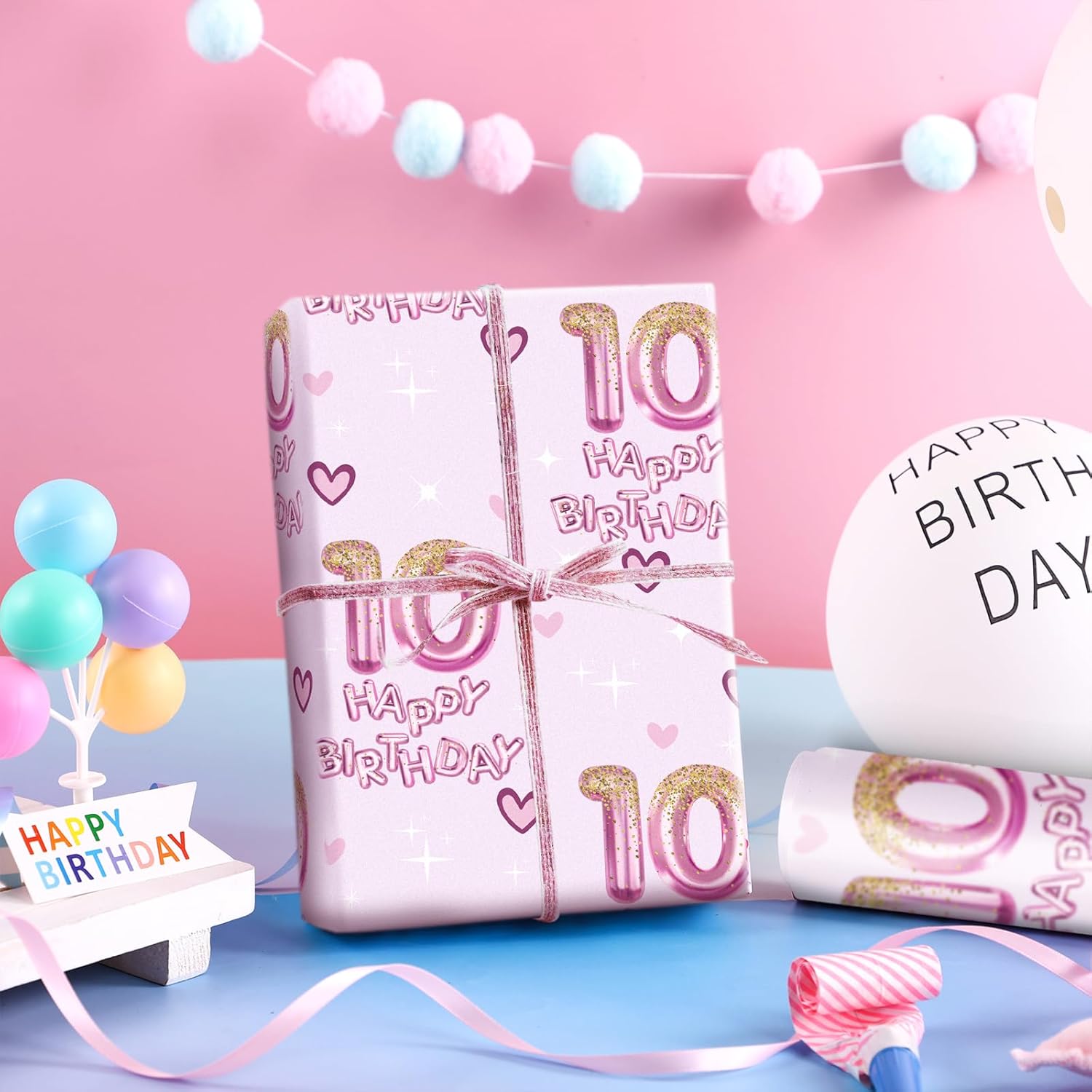 10Th Birthday Wrapping Paper Girls, Hearts And Pink Number 10 Balloons Happy Birthday Design, 10 Years Old, Mini Roll, 17 Inches X 16.4 Feet, Perfect For Girls' Birthday Party Gifts