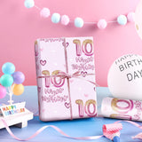 10Th Birthday Wrapping Paper Girls, Hearts And Pink Number 10 Balloons Happy Birthday Design, 10 Years Old, Mini Roll, 17 Inches X 16.4 Feet, Perfect For Girls' Birthday Party Gifts