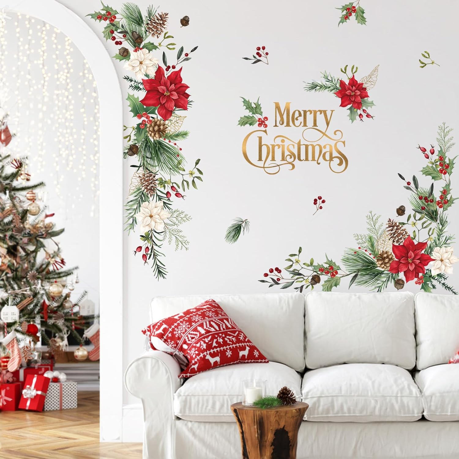 Christmas Flower Wall Stickers - Leaves And Floral Window Wall Art Decals For Xmas Party, Living Room