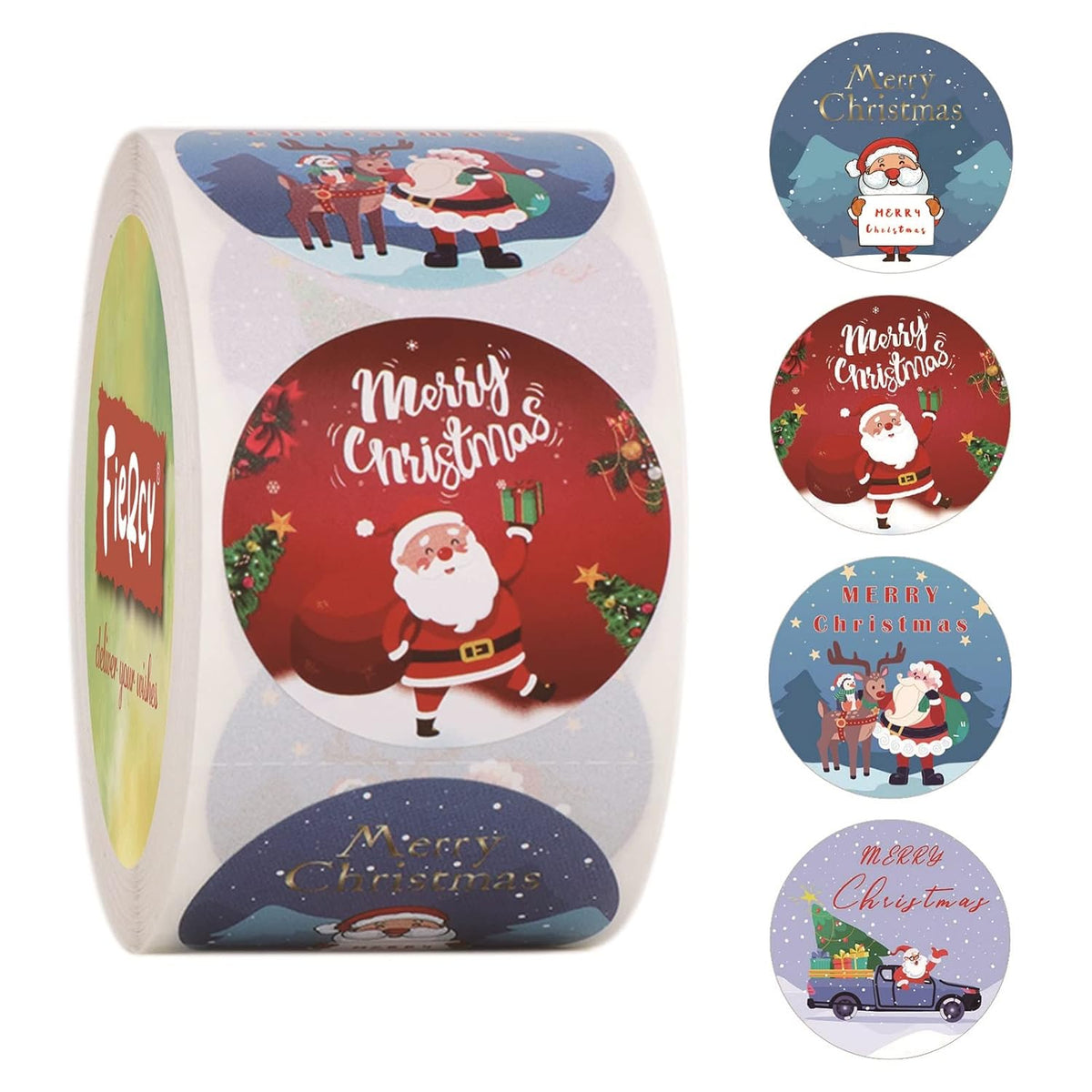 1.5" Merry Christmas Stickers, 4 Designs Xmas Self-Adhesive Label Roll For Gift Decorations & Envelope Seals