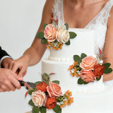 3Pcs Wedding Cake Toppers Burnt Orange Pre-Made Artificial Wedding Cake Flowers Arrangements Flowers Cake Decorations For Fall Wedding Anniversary Baptism Bridal Baby Shower Birthday Party