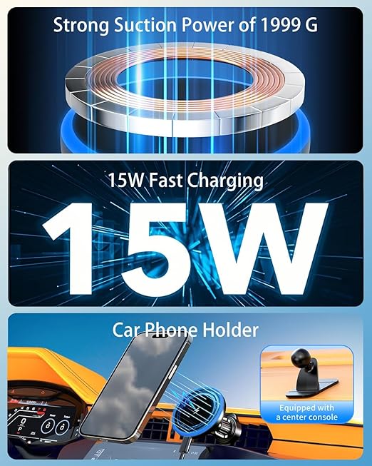 3 in 1 RGB LED Wireless Car Charger Magnetic Phone Holder Fast Charging Mount for iPhone 17 16 15 14 13 12