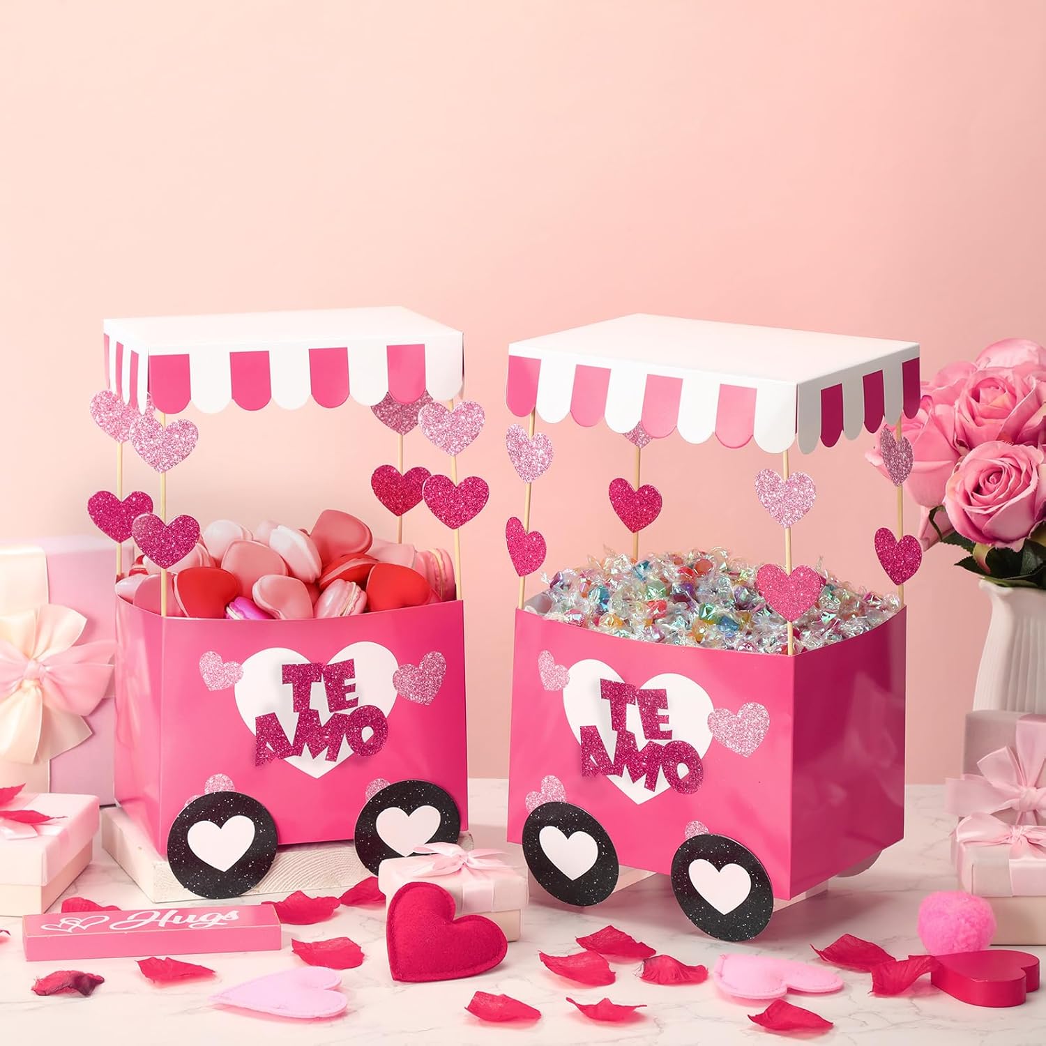 6 Pack Valentine'S Day Candy Boxes Pink Food Truck Design Cardboard Box With Heart Patch Diy Valentine'S Day Treat Boxes Sweet Candy Goody Holder Heart Party Favors For Birthday Diy Gifts