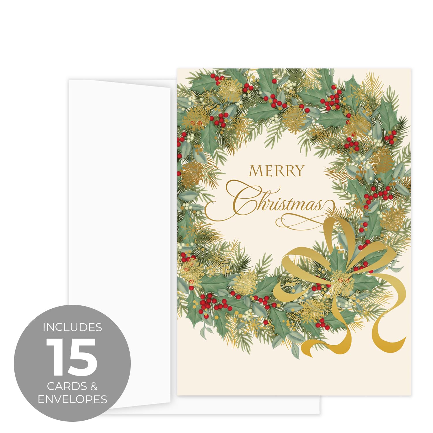 Masterpiece Traditional Wreath Christmas Cards / 15 Festive Holiday Cards Set With White Envelopes / 5 5/8" X 7 7/8" Winter Greeting Cards With Inside Verse