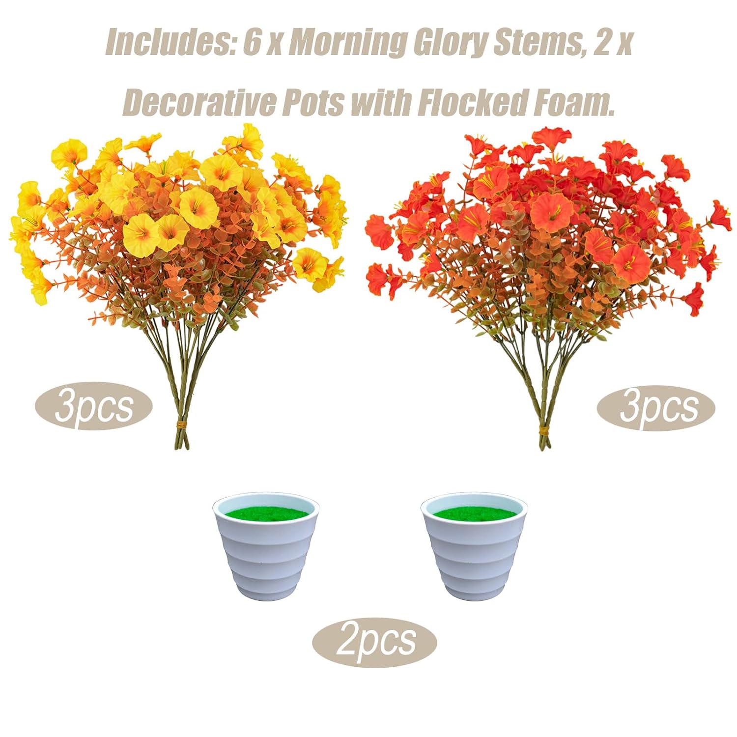 6 Stems Silk Morning Glory Artificial Flowers Kit With 2 Pots, 14.5” Tall Indoor Fake Flowers For Home Office Desk Decoration