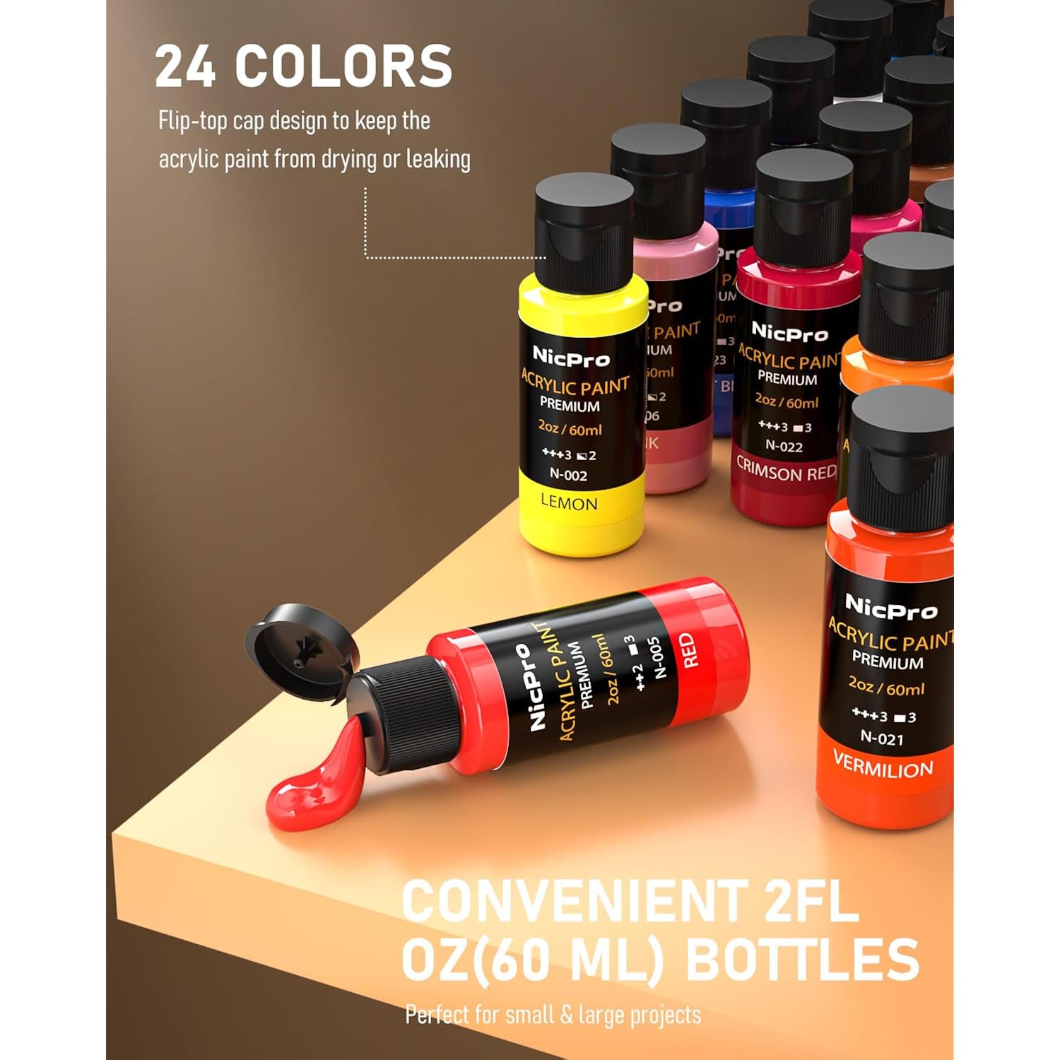 Acrylic Paint Set, 24 Colors With 12 Brushes & Palette, Non Toxic Art Supplies Kit For Painting Fabric, Canvas, Clay, Wood, Rock & Ceramic, Halloween Pumpkin, Rich Pigments For Beginners, Students & Professional Artists (2 Oz, 60 Ml)