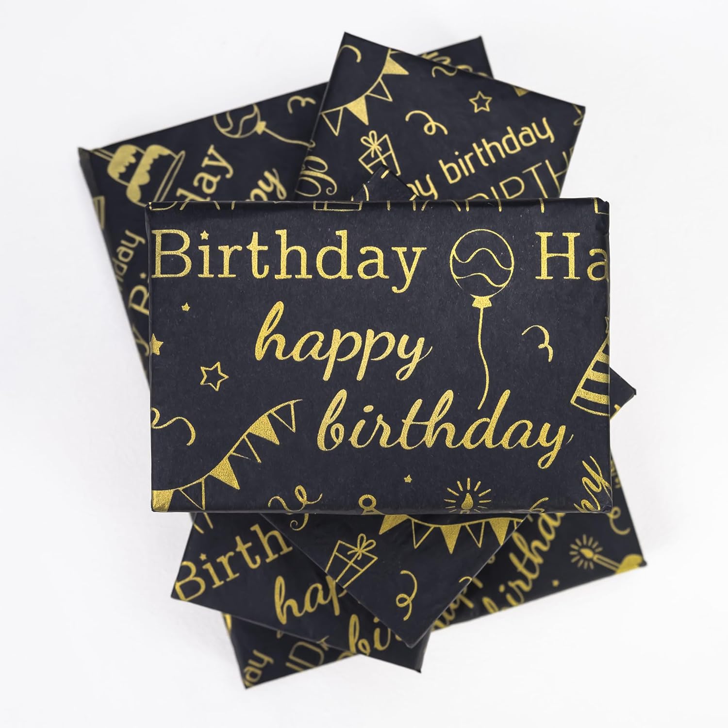 Large Black Gold Birthday Tissue Paper, 20" X 28", Black With Gold Happy Birthday Design For Gift Bags, 30 Sheets