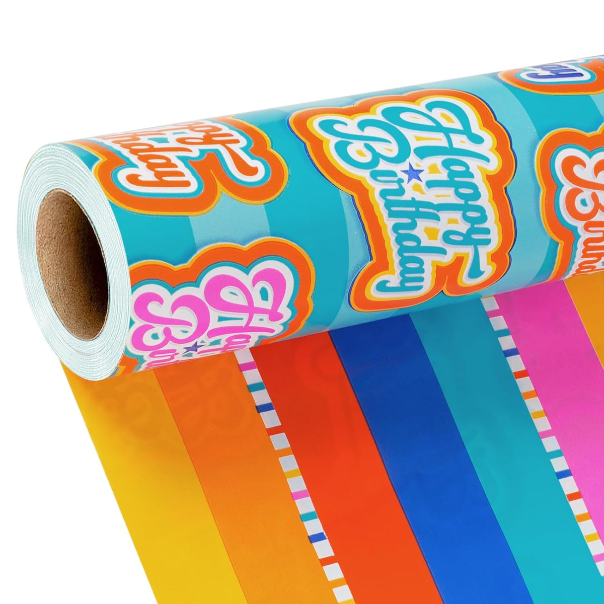 Birthday Reversible Wrapping Paper Mini Roll, Happy Birthday Text And Colorful Stripes, Perfect For Parties And Holiday Gifts, 17" X 33' (46.7 Sq. Ft)