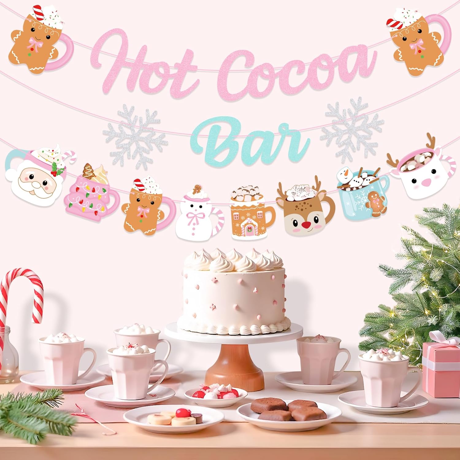 Christmas Hot Cocoa Bar Decoration Kit, Hot Cocoa Bar Banner Hot Cocoa Cups Garland, Pink Gingerbread Hot Chocolate Bar Supplies For Baby Shower Winter Holiday New Year Party Decor
