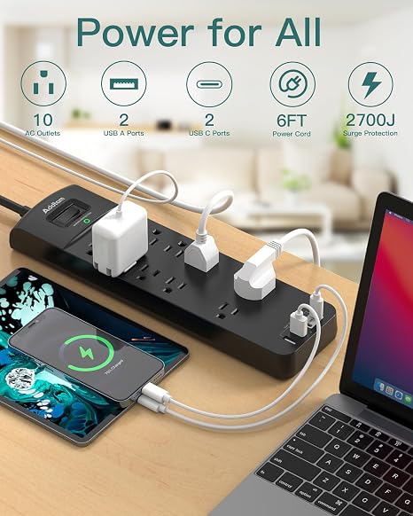 Surge Protector Power Strip 10 Outlets 4 USB Ports 2 USB C 2700J 6FT Flat Plug Extension Cord