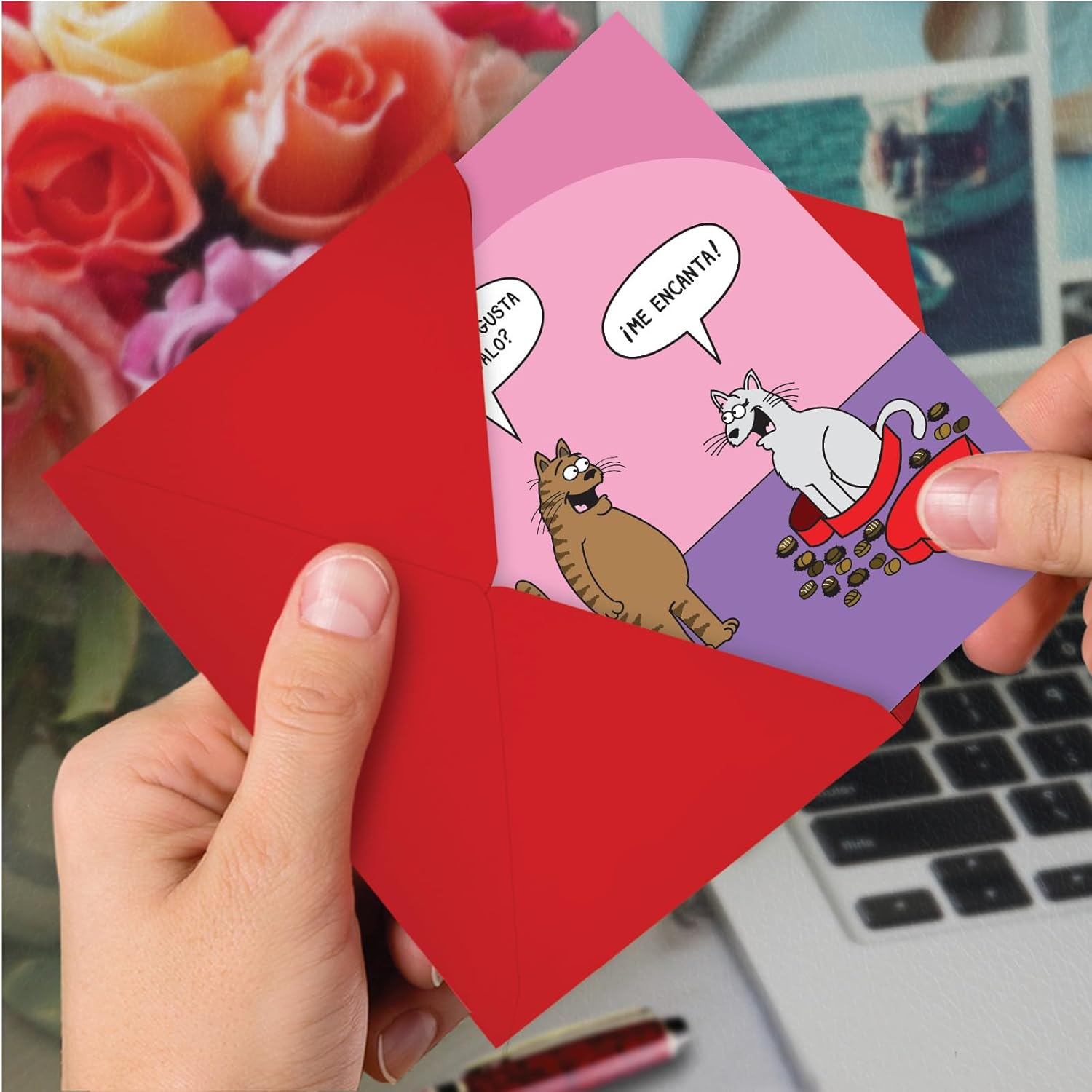 Hysterical Spanish Valentine'S Day Greeting Card With 5 X 7 Inch Envelope (1 Card) Cat In Candy - Spanish C3171Vdg-Sl