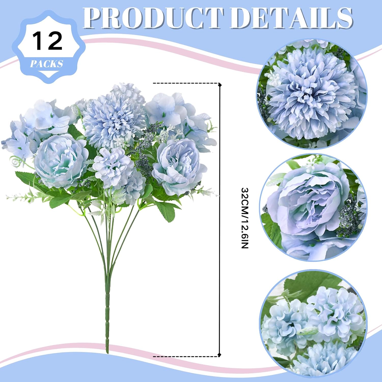 Blue Artificial Flowers, 12Pcs Fake Peony Silk Peonies For Decoration Blue Faux Flower Arrangements For Spring Office Home Decor Wedding Party (Light Blue)