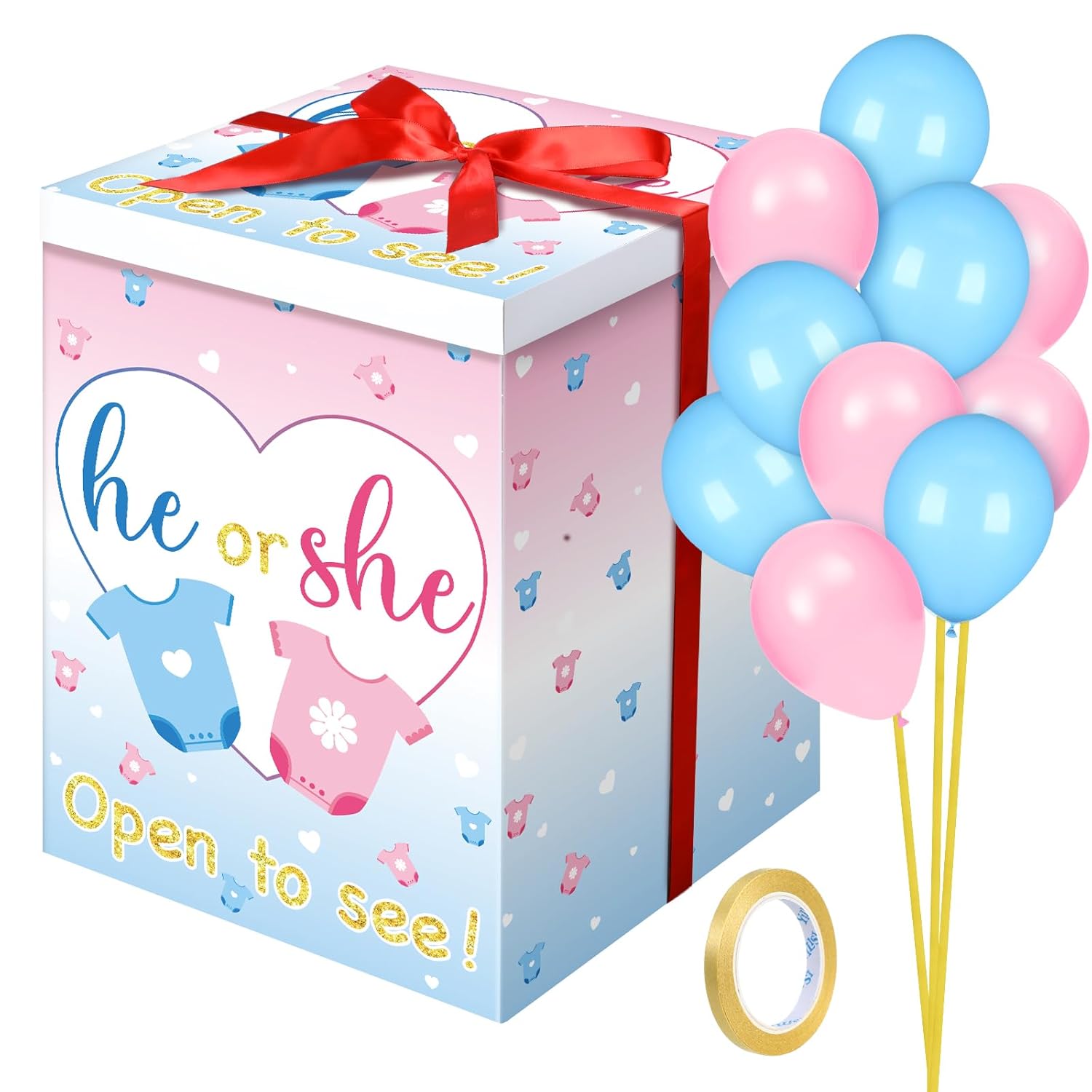 Gender Reveal Balloon Box With Ribbon And 10 Pink And Blue Balloons Gender Reveal Games He Or She Open To See For Party Decoration 12"X12"X16"(Cloth)