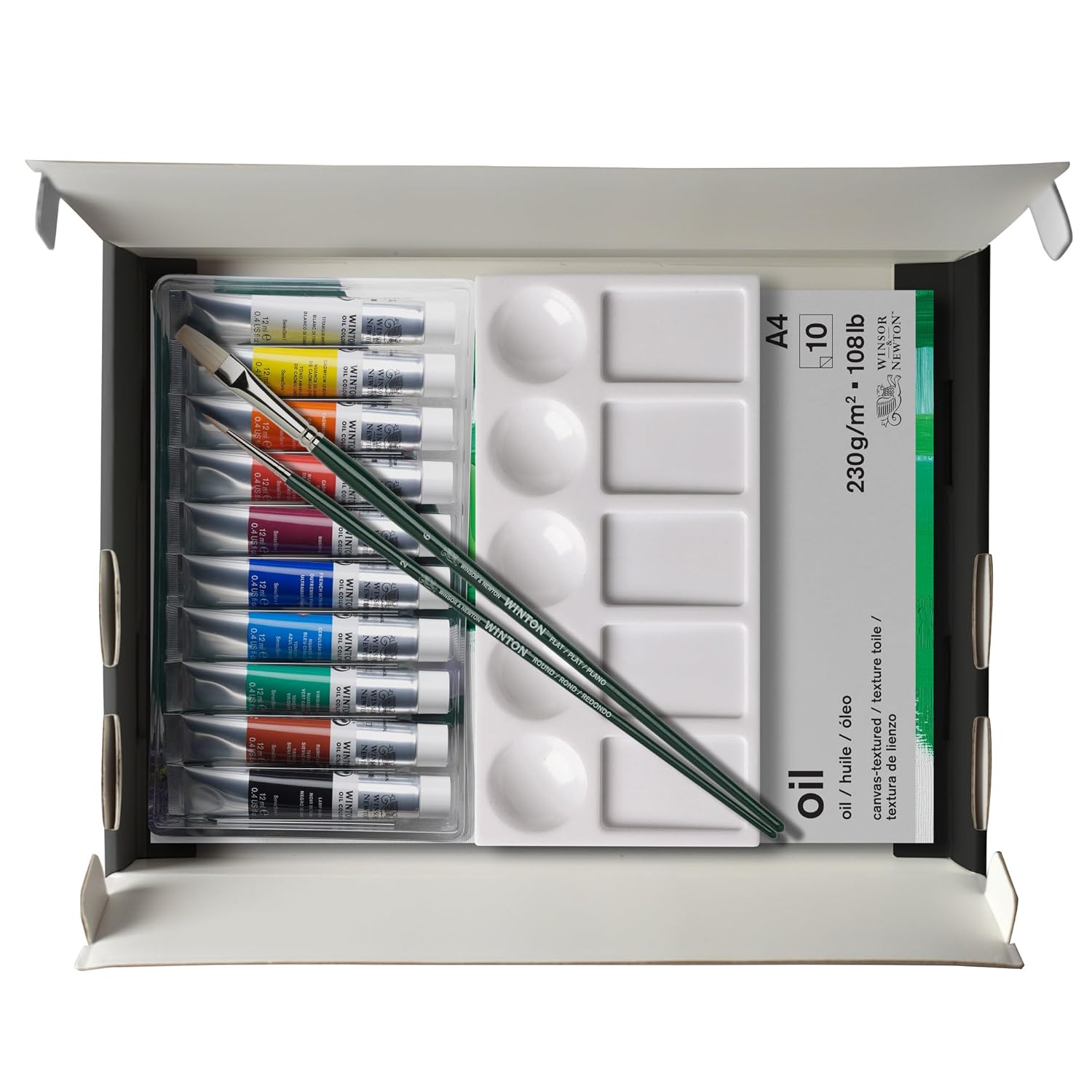 Winsor & Newton Winton Oil Colour Paint, Set of 10 x 12ml Tubes (includes 2 Brushes, Pad, Palette)