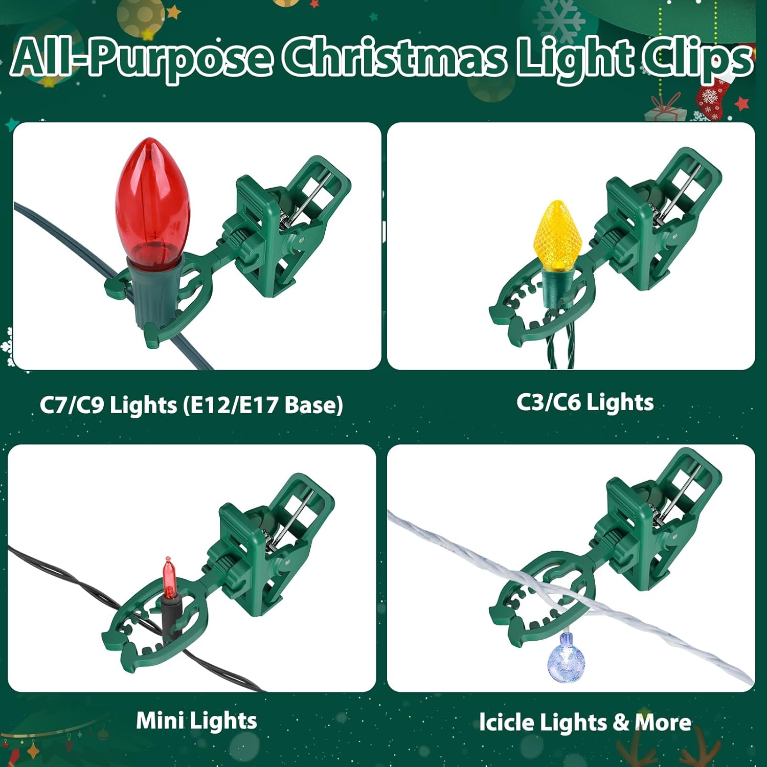C7 C9 Christmas Light Spring Clips, 100Pcs Universal Heavy Duty Quick Christmas Light Clips, Fit E12/E17 Base, Holiday Mini Rope Lights, Perfect For Gutter Shingle Metal Roof Fence Railing Trees